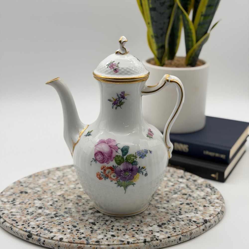 Vintage Royal Copenhagen Saxon Flower Porcelain Coffee Tea Pot Gold Trim